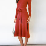 High Waisted Long Sleeves Solid Color Tied Waist Round-Neck Midi Dresses Sweater Dresses