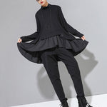 High-Low A-Line Falbala Split-Joint Split-Back High-Neck T-Shirts Tops