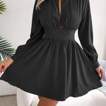 A-Line Elasticated Waist Hollow Solid Color Zipper Half Turtleneck Mini Dresses