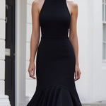 Two-Tone Halter Neck Mermaid Midi Dress With Layered Hem