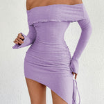 Bodycon High Waisted Asymmetric Drawstring Pleated Solid Color Split-Joint Off-The-Shoulder Mini Dresses