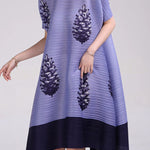 A-Line Loose Flower Print Pleated Round-Neck Midi Dresses