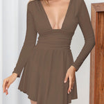 A-Line Elasticated Waist Backless Pleated Solid Color Split-Joint Deep V-Neck Mini Dresses