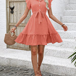 A-Line Loose Buttoned Pleated Polka-Dot Tied Waist Round-Neck Mini Dresses