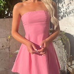 A-Line Loose Backless Pleated Solid Color Split-Joint Tied Tube Mini Dresses