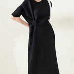 Stylish Irregularity Loose Pleated Solid Color Round-Neck Midi Dresses
