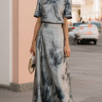 Ethereal Silver-Grey Floral Printed Two-Piece Maxi Set