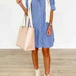 Down Short Sleeves Striped Shirt Dress