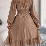 A-Line Elasticated Waist Pleated Ruffled Solid Color Square-Neck Midi Dresses