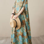Loose Short Sleeves Printed V-Neck Maxi Dresses