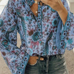 Retro floral and bird print bell sleeve V-neck top