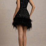 Dazzling and Playful Sequin High Neck Feather Trim Stretch Mini Dress
