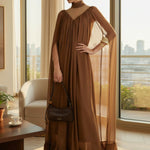 Cape Irregularity Layered Pleated Ruffled See-Through Solid Color Split-Joint High Neck Maxi Dresses