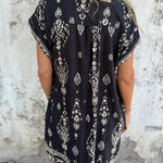 Linen Blend Unique Print Lapel Casual Pocket Mini Dress