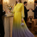 High Waisted Long Sleeves Belted Contrast Color Gradient Pleated Split-Joint Round-Neck Maxi Dresses