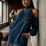 Long Sleeves Loose Hollow Pockets Solid Color Split-Joint Cold Shoulder Mini Dresses