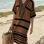 Fashion Striped Print V-neck Loose Holiday Midi Dress