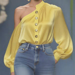 Long Sleeves Loose Asymmetric Buttoned Pleated Solid Color One-Shoulder Blouses&Shirts Tops