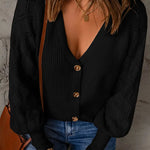 V Neck Long Sleeve Button Down Ribbed Sweatshirts Cardigan