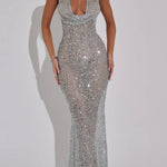 Shine All Night Sheer Sequin Cowl Neck Halter Maxi Dress
