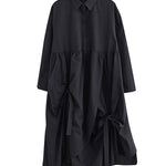 A-Line Long Sleeves Buttoned Pleated Pockets Solid Color Tied Lapel Midi Dresses Shirt Dress