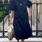 A-Line Loose Pleated Pockets Solid Color Round-Neck Midi Dresses