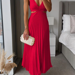 V Neck Cut Out Waist Sleeveless Pleated Maxi Dress