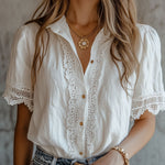Vintage-Inspired Lace Trim White Blouse