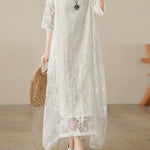 Half Sleeves Loose Gauze See-Through Solid Color Round-Neck Maxi Dresses