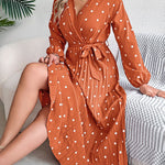 High Waisted Long Sleeves Pleated Polka Dot Tied Waist V-Neck Maxi Dresses Shirt Dress