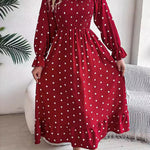 High Waisted Long Sleeves Pleated Polka Dot Ruffled Square-Neck Maxi Dresses Shirt Dress