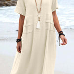 Summer loose casual cotton and linen solid color round neck short-sleeved mid-length dress