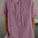 Women's Solid Color Cotton And Linen Lapel Short Sleeved Casual Blouse