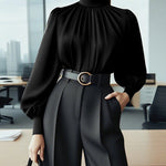 Puff Sleeves Pleated Solid Color Split-Joint High Neck Blouses&Shirts Tops