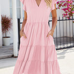 Loose Ruffle Sleeves Pleated Pockets Solid Color Split-Joint V-Neck Midi Dresses