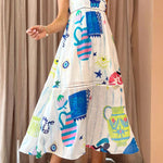 She's The Fun Linen Blend Playful Print Ladder Trim Midi Dress