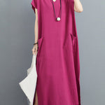 Simple Ramie Cotton Solid Color Split-Side With Pocket V-Neck Short Sleeves Maxi Dress