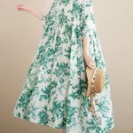 Loose Short Sleeves Floral Printed Pleated Split-Joint Round-Neck Midi Dresses