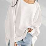 Long Sleeves Loose Fringed Solid Color Split-Joint Split-Side Round-Neck Sweatershirt