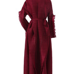 Casual Long Sleeves Loose Tied Pleated Stand Collar Midi Dresses