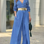 High Waisted Long Sleeves Buttoned Pockets Solid Color V-Neck Jumpsuits