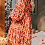 Orange Floral Print Split V Neck Bubble Sleeve Plus Size Midi Dress