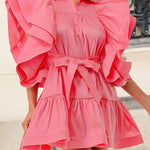A-Line High Waisted Buttoned Pleated Ruffled Solid Color Tied Waist Lapel Mini Dresses