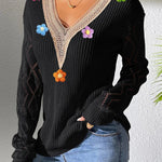 Black Crochet Flower V Neck Pullover Sweater
