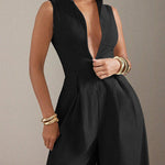 Sleeveless Wide Leg Pleated Solid Color Split-Joint Zipper Round-Neck Jumpsuits