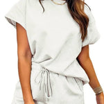 Women's Solid Textured Drawstring Shorts Set