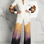 Elasticated Waist High Waisted Abstract Printed Contrast Color Pockets Split-Joint Pants