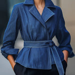 Long Sleeves Loose Solid Color Tied Waist Notched Collar Outerwear