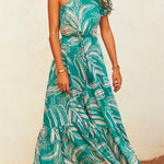 One Shoulder Drawstring Waist Printed Flowy Maxi Dress