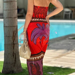 Botanical Floral Print Sexy Stretchy Tube Top High Waist Slit Maxi Dress